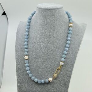 New Aqumarine Necklace with Pearl Accents & Golden Clasp